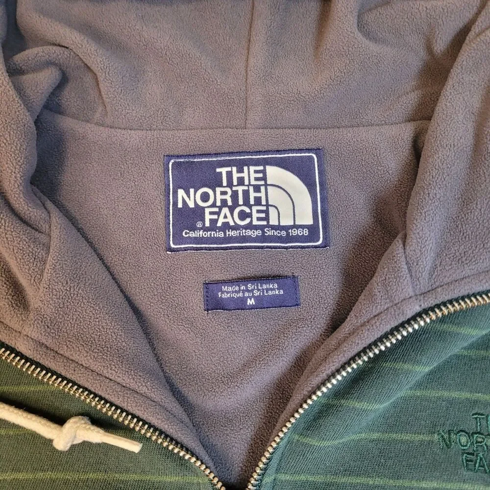 The North Face Men's Medium Green Striped Cotton Zip Up Lined Hoodie Y2K Style